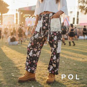 LAST ONE POL Floral Patchwork Wide Leg Cotton Jogger Cargo Faded Black Jeans